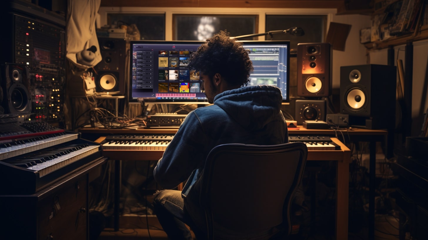 Music producer working in music production software in a home studio with Musio software on the screen, surrounded by various musical equipment and instruments.