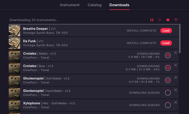the Downloads tab in Musio software showing the progress of multiple instruments being downloaded