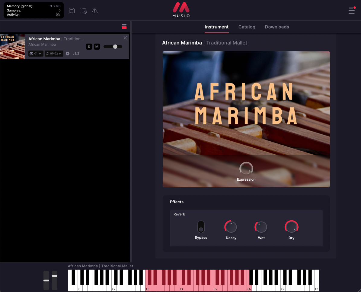 The Instrument tab in the Musio interface showing the African Marimba instrument loaded with controls for expression and effects like reverb, displayed alongside a keyboard layout